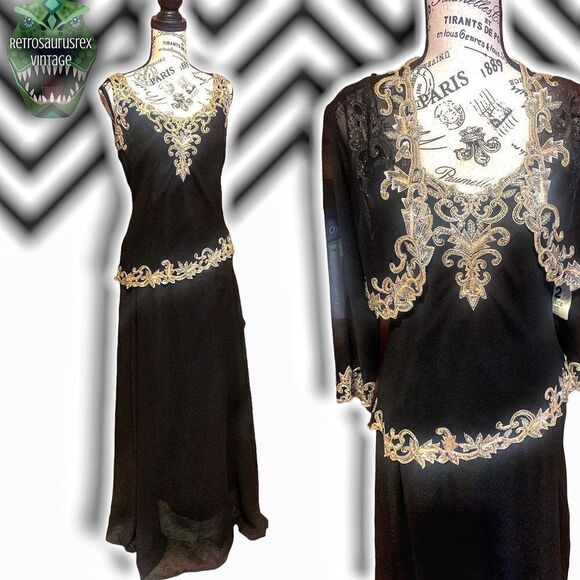 J Kara Dresses & Skirts - VINTAGE J’Kara 1990’s Beaded Chiffon Special Occasion Glam Gown & Jacket, Size 6